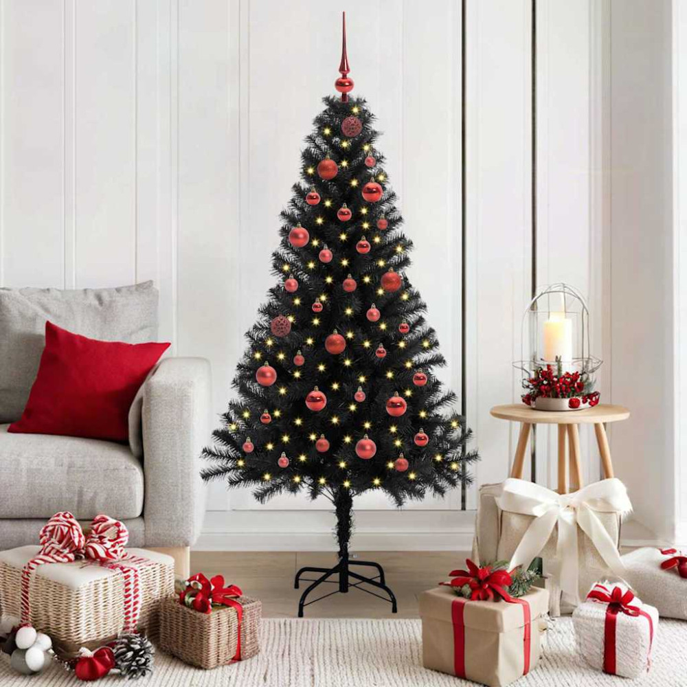 Produktbild för Julgran med 150 LED-lampor med stativ Svart 150 cm PVC