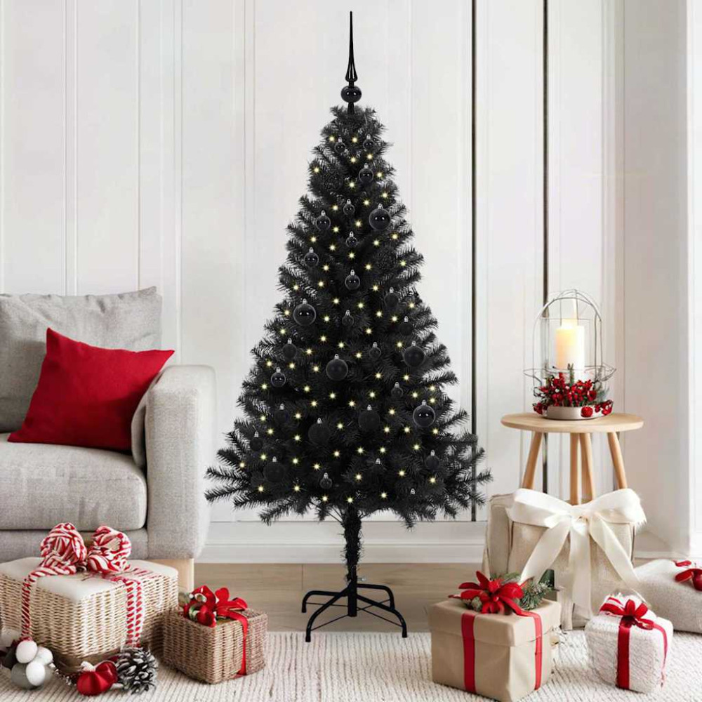 Produktbild för Julgran med 150 LED-lampor med stativ Svart 150 cm PVC