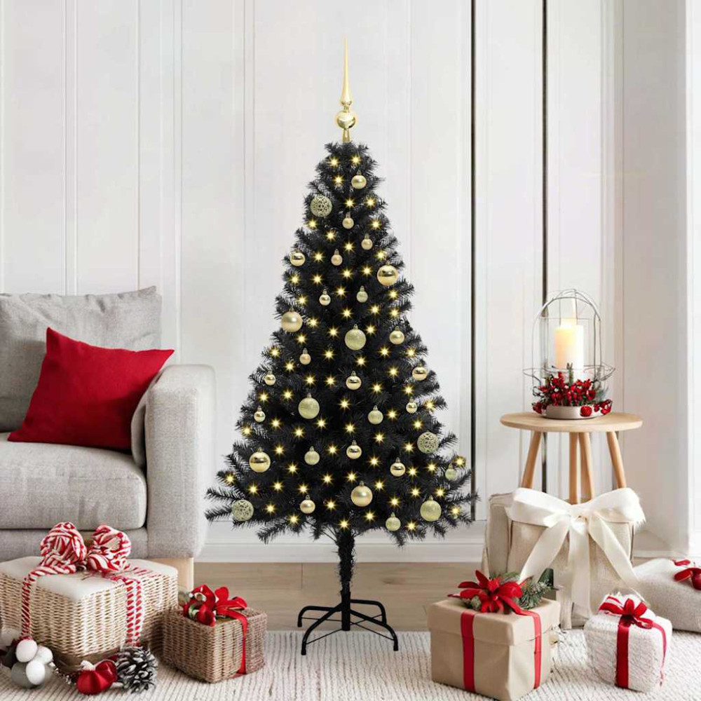 Produktbild för Julgran med 150 LED-lampor med stativ Svart 150 cm PVC