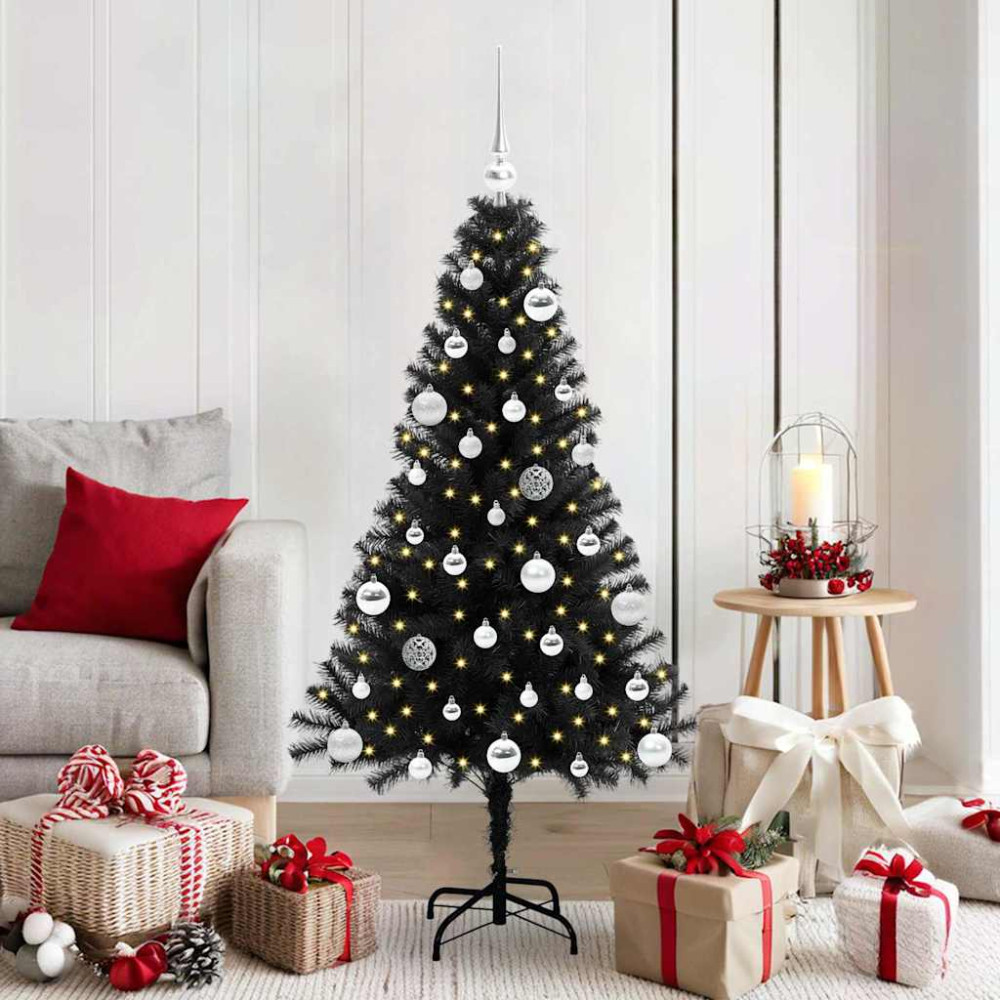 Produktbild för Julgran med 150 LED-lampor med stativ Svart 150 cm PVC