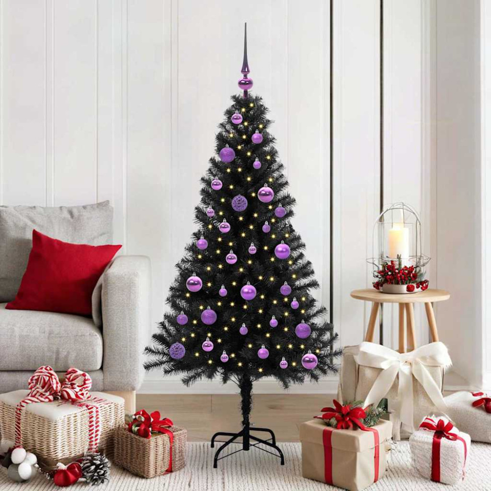 Produktbild för Julgran med 150 LED-lampor med stativ Svart 150 cm PVC