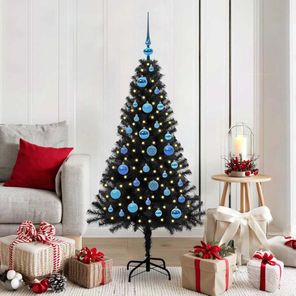 Produktbild för Julgran med 150 LED-lampor med stativ Svart 150 cm PVC