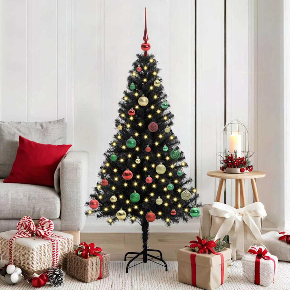 Produktbild för Julgran med 150 LED-lampor med stativ Svart 150 cm PVC