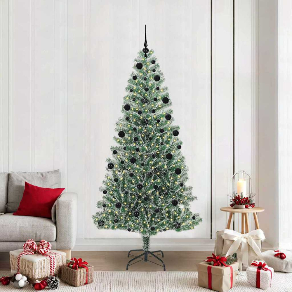 Produktbild för Konstgjord Julgran Snöflockad med LED Ljus Grön och Vit 210 cm