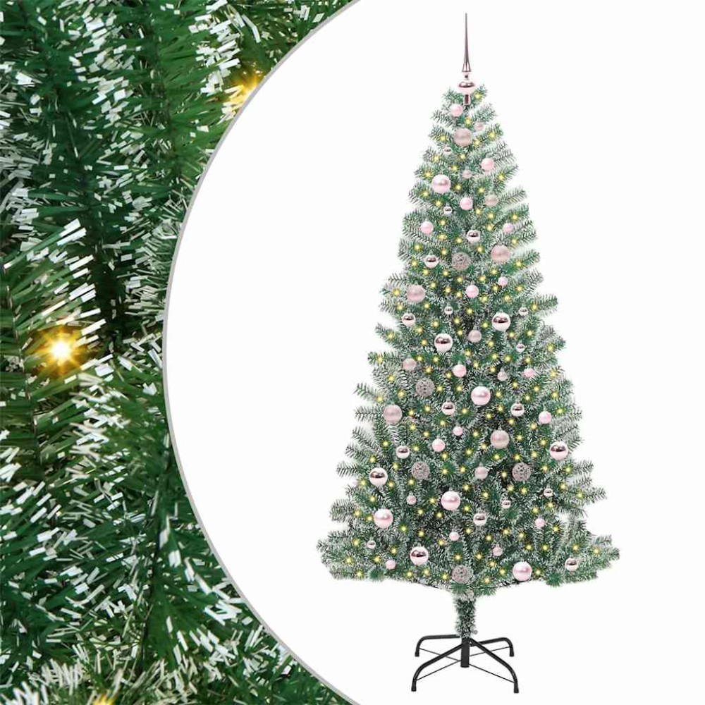 Produktbild för Konstgjord Julgran Snöflockad med LED Ljus Grön och Vit 210 cm