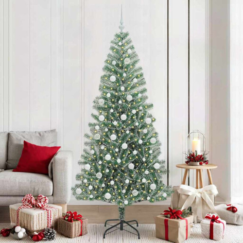 vidaXL Konstgjord Julgran Snöflockad med LED Ljus Grön och Vit 210 cm