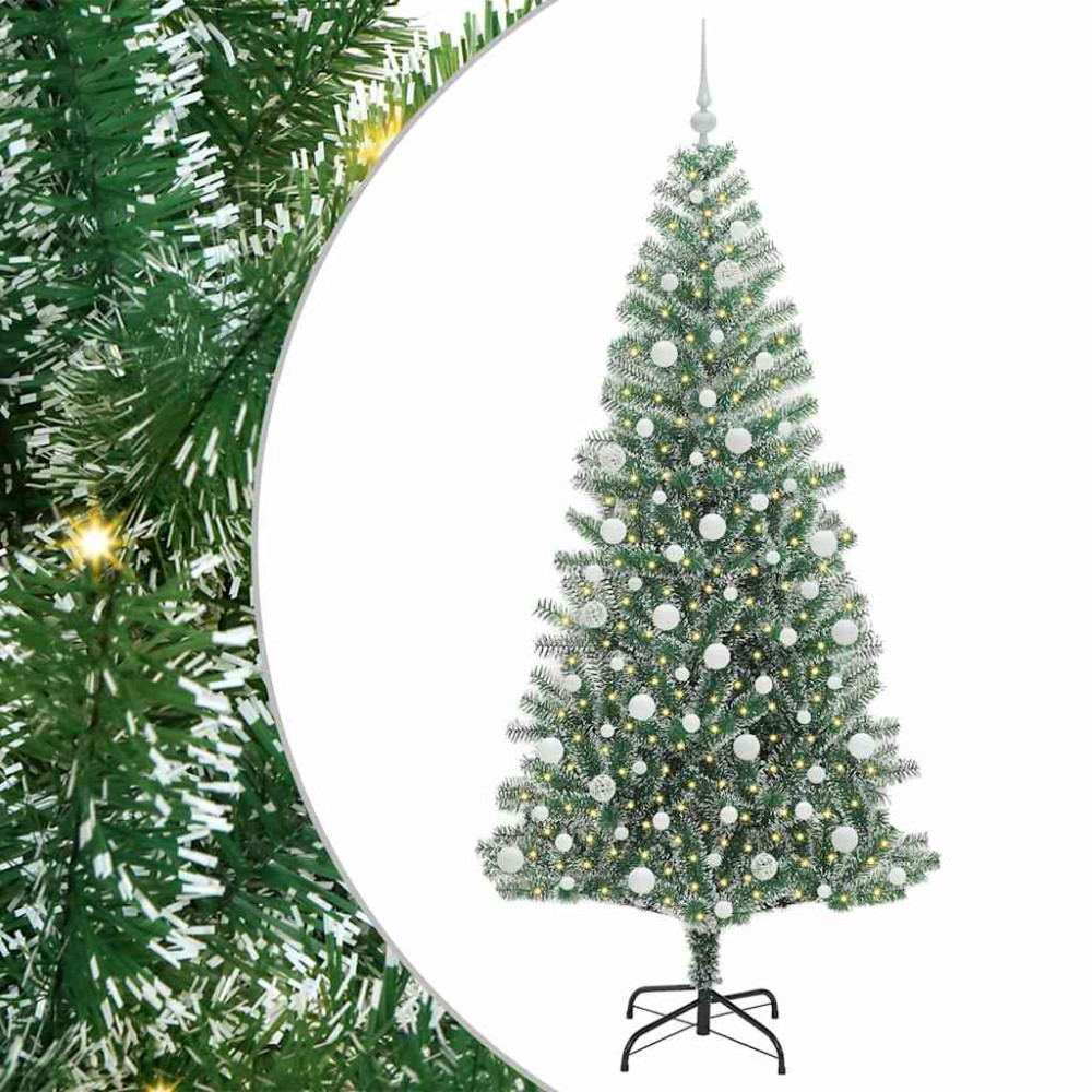 Produktbild för Konstgjord Julgran Snöflockad med LED Ljus Grön och Vit 210 cm