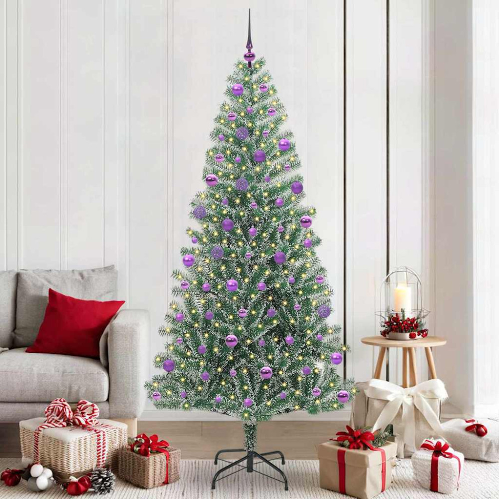 Produktbild för Konstgjord Julgran Snöflockad med LED Ljus Grön och Vit 210 cm