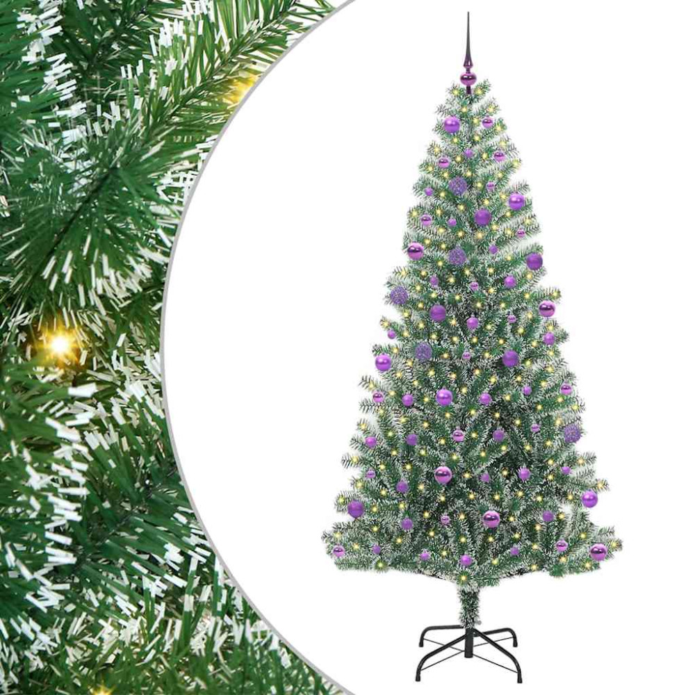 Produktbild för Konstgjord Julgran Snöflockad med LED Ljus Grön och Vit 210 cm