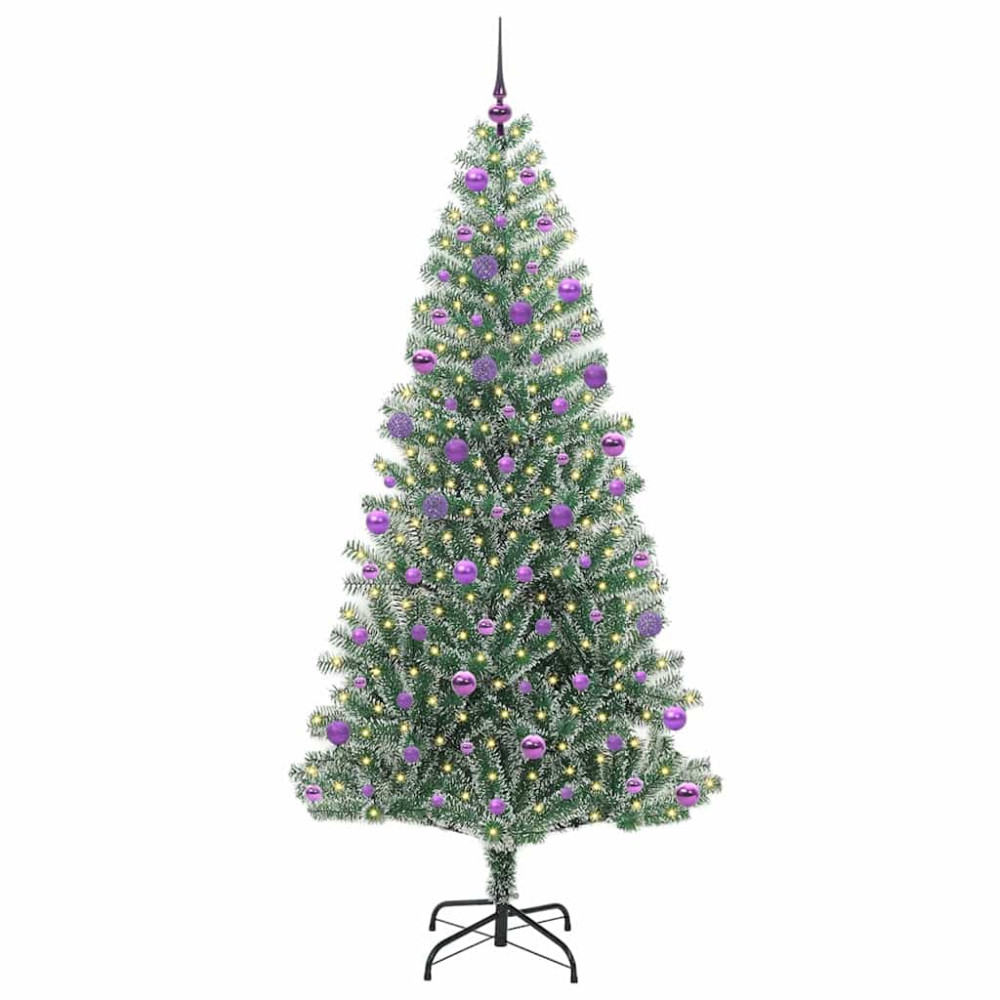 Produktbild för Konstgjord Julgran Snöflockad med LED Ljus Grön och Vit 210 cm
