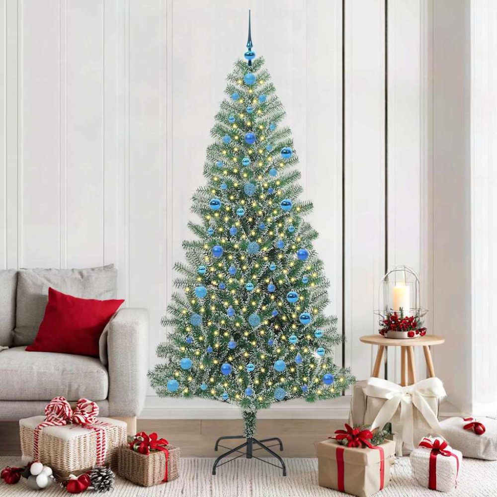 Produktbild för Konstgjord Julgran Snöflockad med LED Ljus Grön och Vit 210 cm