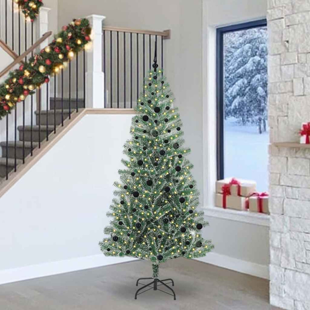 Produktbild för Konstgjord Julgran Snöflockad med LED Ljus Grön och Vit 240 cm