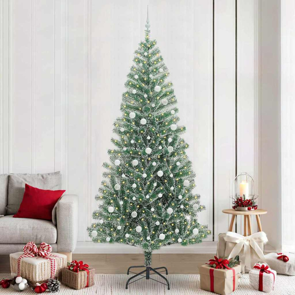 Produktbild för Konstgjord Julgran Snöflockad med LED Ljus Grön och Vit 240 cm