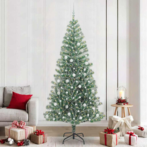 vidaXL Konstgjord Julgran Snöflockad med LED Ljus Grön och Vit 240 cm