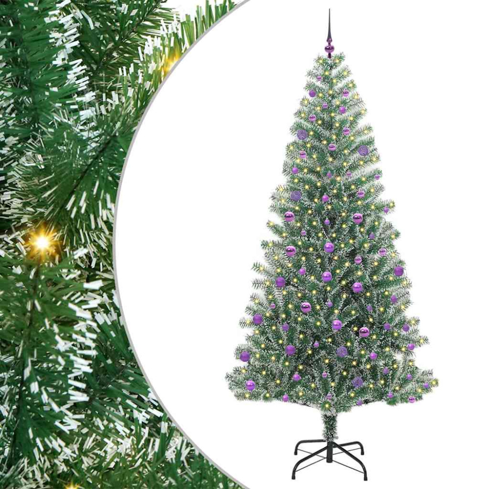 Produktbild för Konstgjord Julgran Snöflockad med LED Ljus Grön och Vit 240 cm