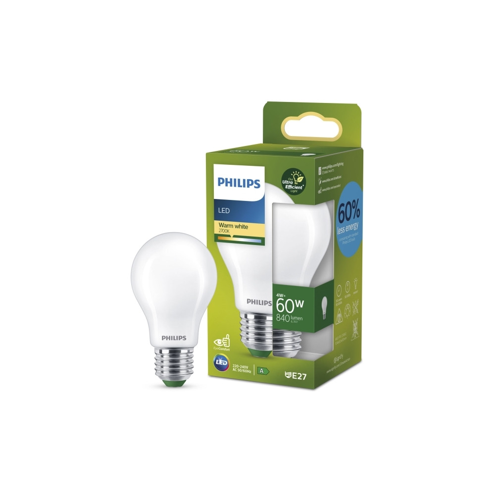 Produktbild för Philips - LED-glödlampa med filament - form: A60 - glaserad finish - E27 - 4 W - varmt vitt ljus - 2700 K