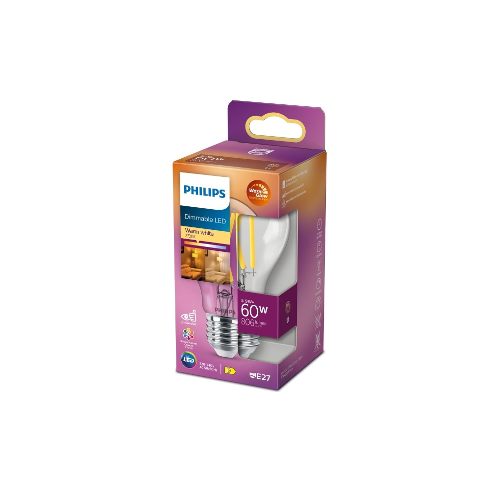 Produktbild för Philips - LED-glödlampa med filament - form: A60 - klar finish - E27 - 5.9 W - varmt vitt ljus - 2200-2700 K