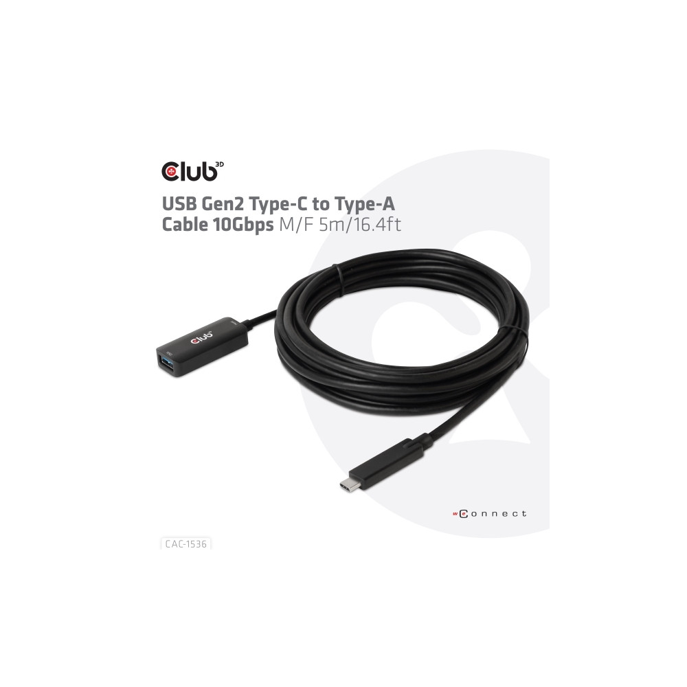 Produktbild för Club 3D - USB typ C-förlängningskabel - USB-C till USB typ A - 5 m