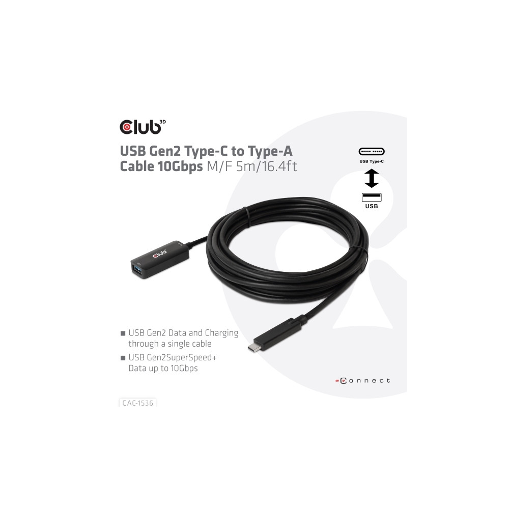 Produktbild för Club 3D - USB typ C-förlängningskabel - USB-C till USB typ A - 5 m