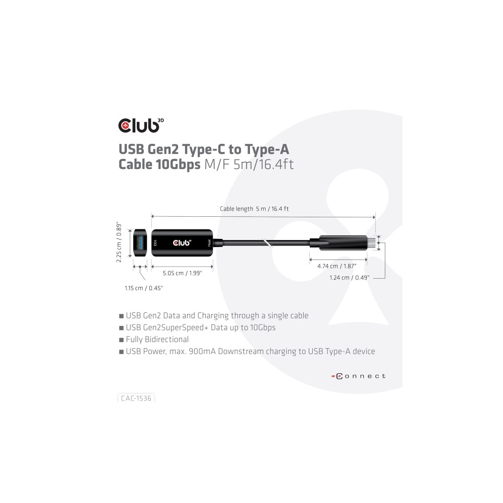 Produktbild för Club 3D - USB typ C-förlängningskabel - USB-C till USB typ A - 5 m