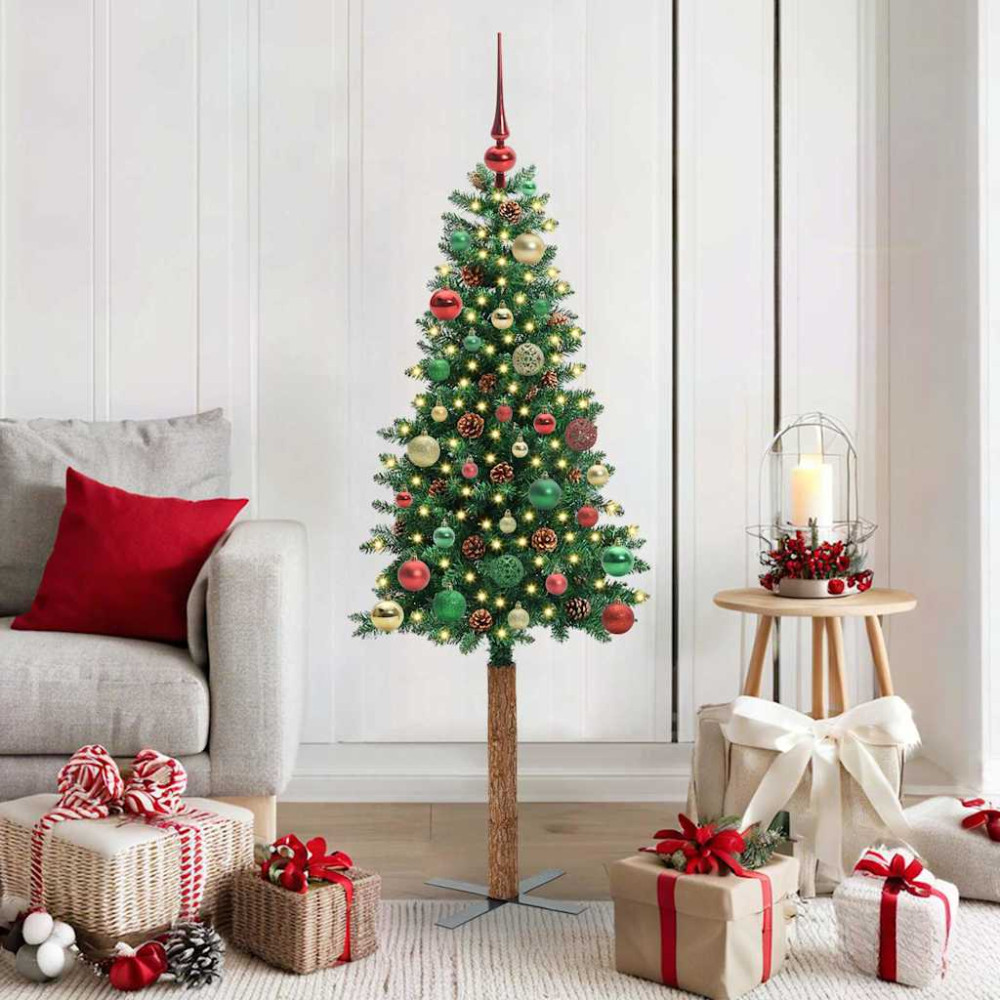 Produktbild för Smal julgran med 150 LED-lampor Grön 150 cm PVC och solid furu