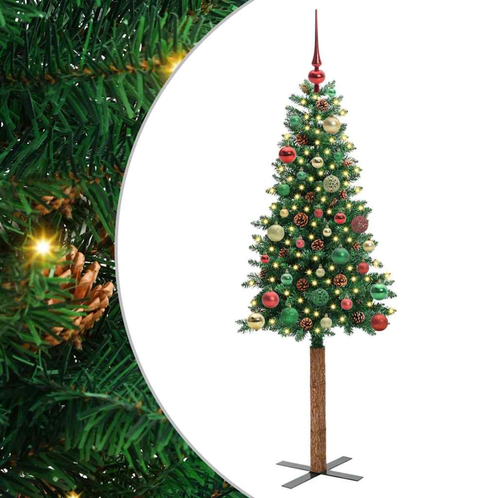 Produktbild för Smal julgran med 150 LED-lampor Grön 150 cm PVC och solid furu