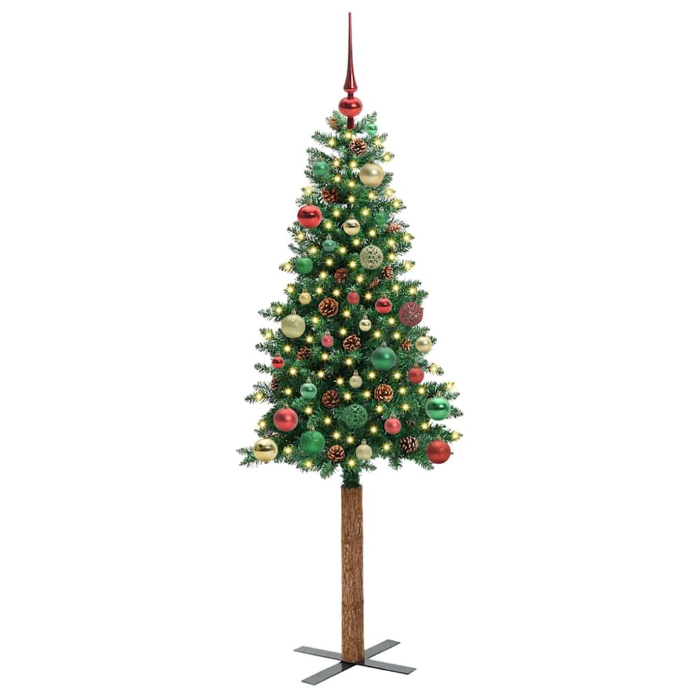 Produktbild för Smal julgran med 150 LED-lampor Grön 150 cm PVC och solid furu