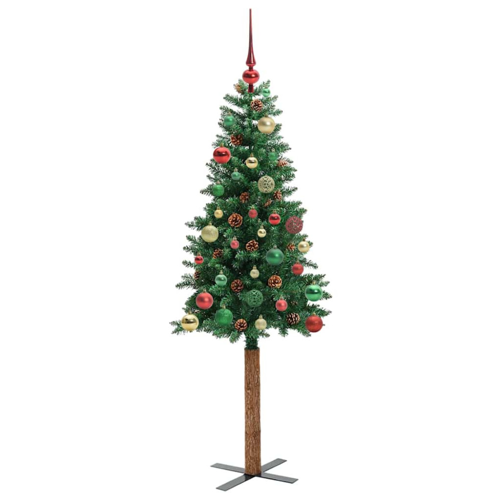 Produktbild för Smal julgran med 150 LED-lampor Grön 150 cm PVC och solid furu