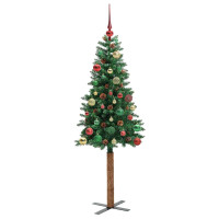 Produktbild för Smal julgran med 150 LED-lampor Grön 150 cm PVC och solid furu