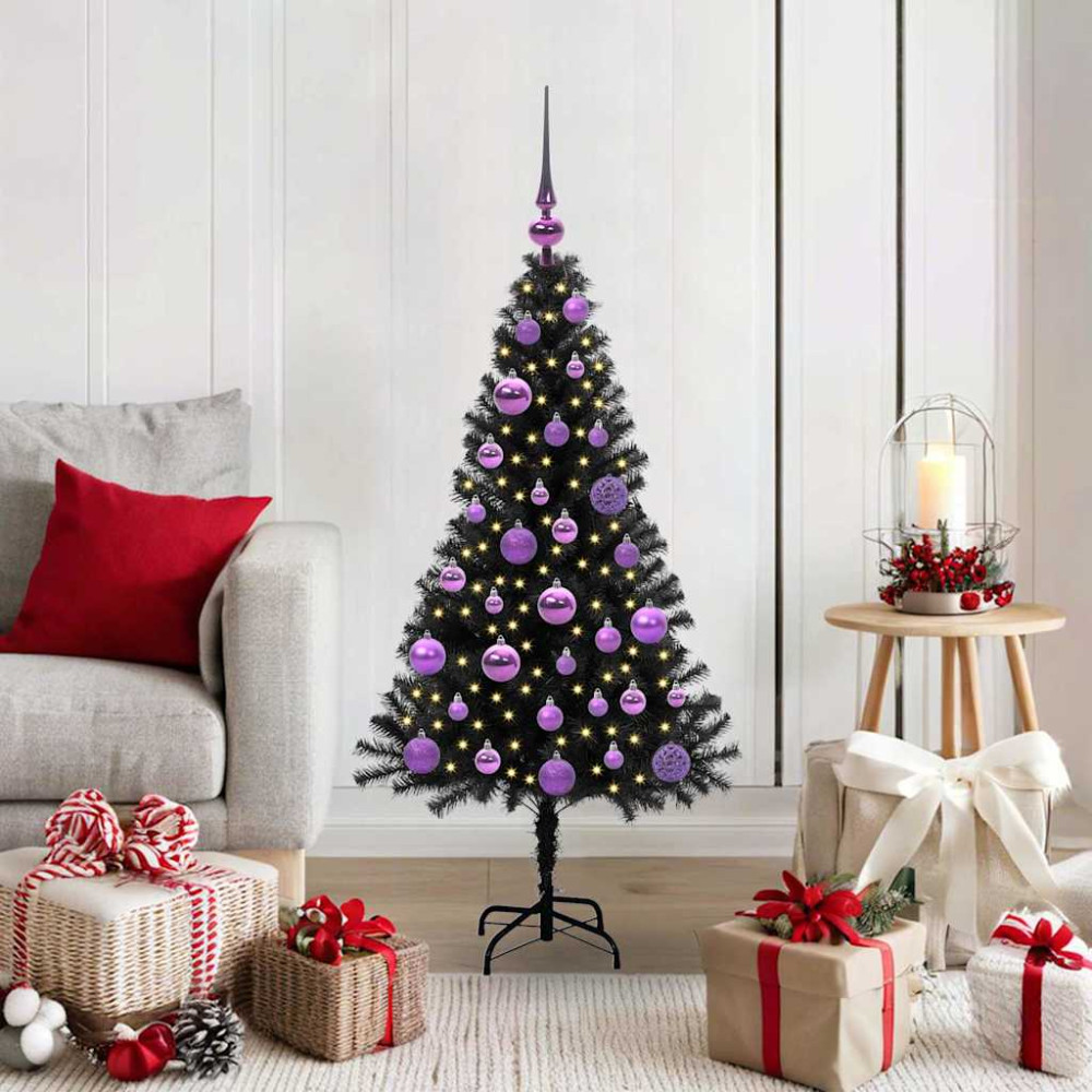 Produktbild för Julgran med 150 LED-lampor med stativ Svart 120 cm PVC