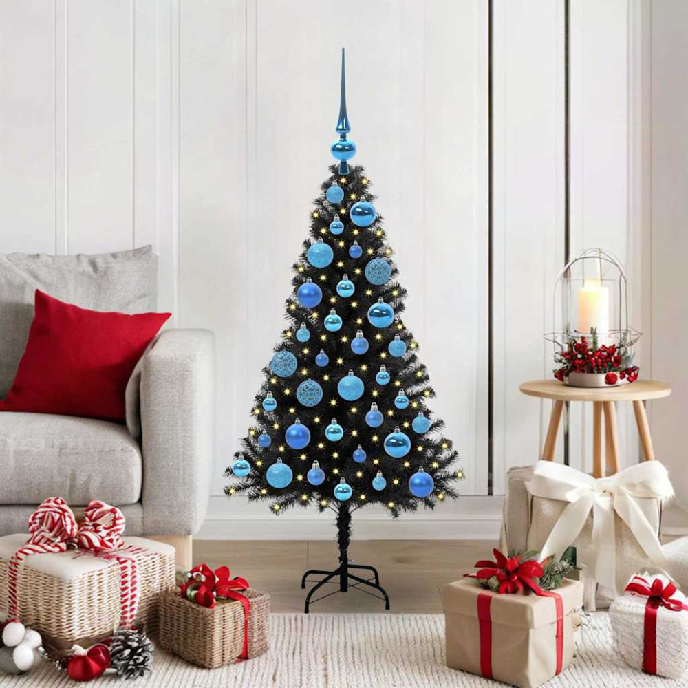 Produktbild för Julgran med 150 LED-lampor med stativ Svart 120 cm PVC