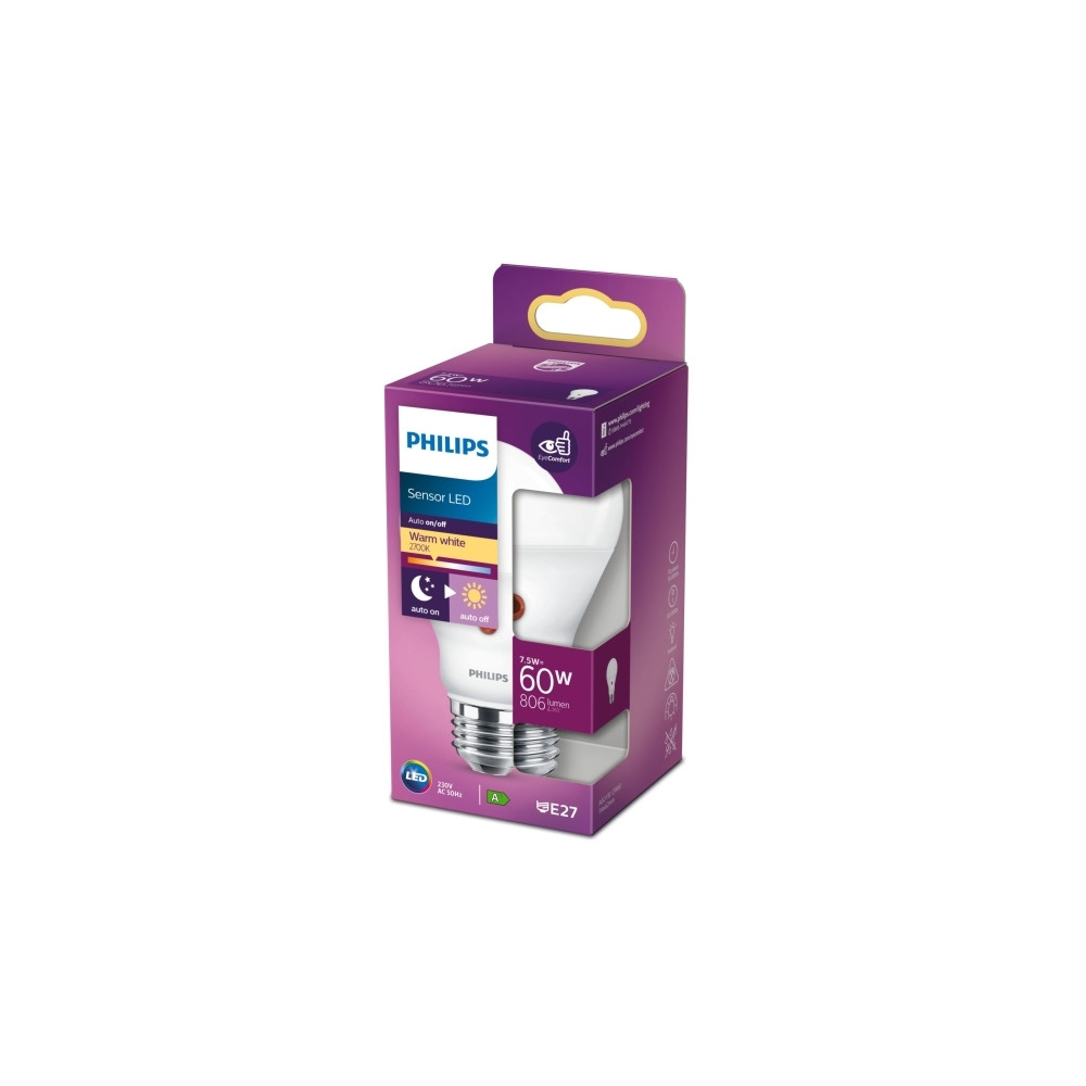 Produktbild för Philips Sensor LED - LED-glödlampa - form: A60 - glaserad finish - E27 - 7.5 W - varmt vitt ljus - 2700 K