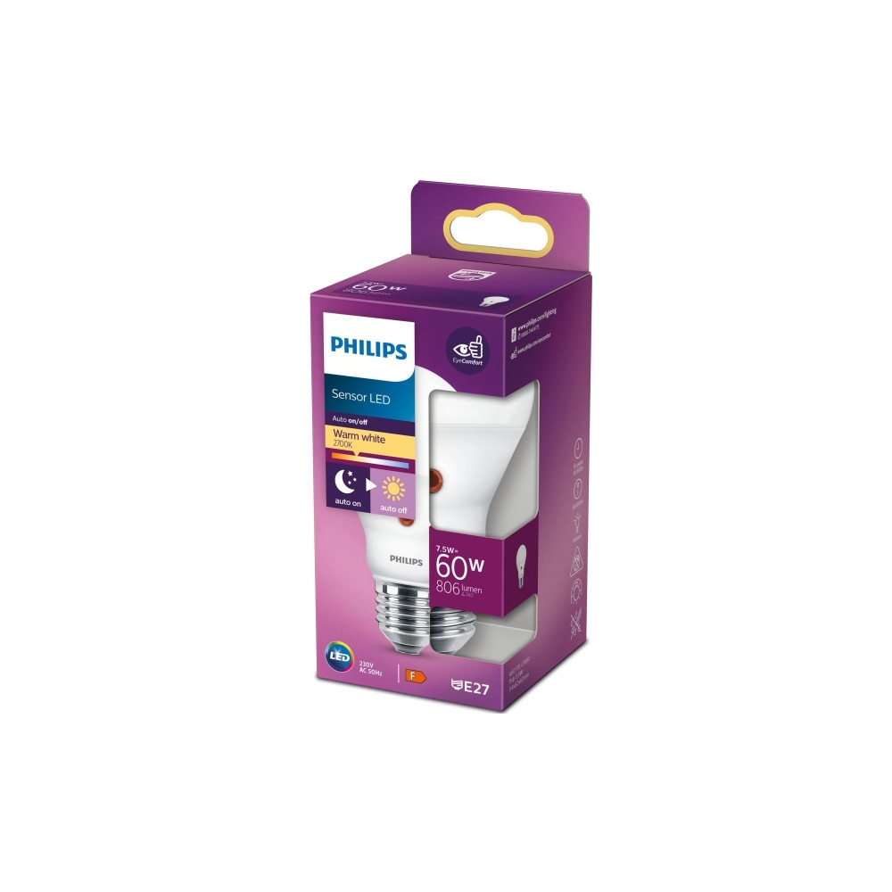 Produktbild för Philips Sensor LED - LED-glödlampa - form: A60 - glaserad finish - E27 - 7.5 W - varmt vitt ljus - 2700 K