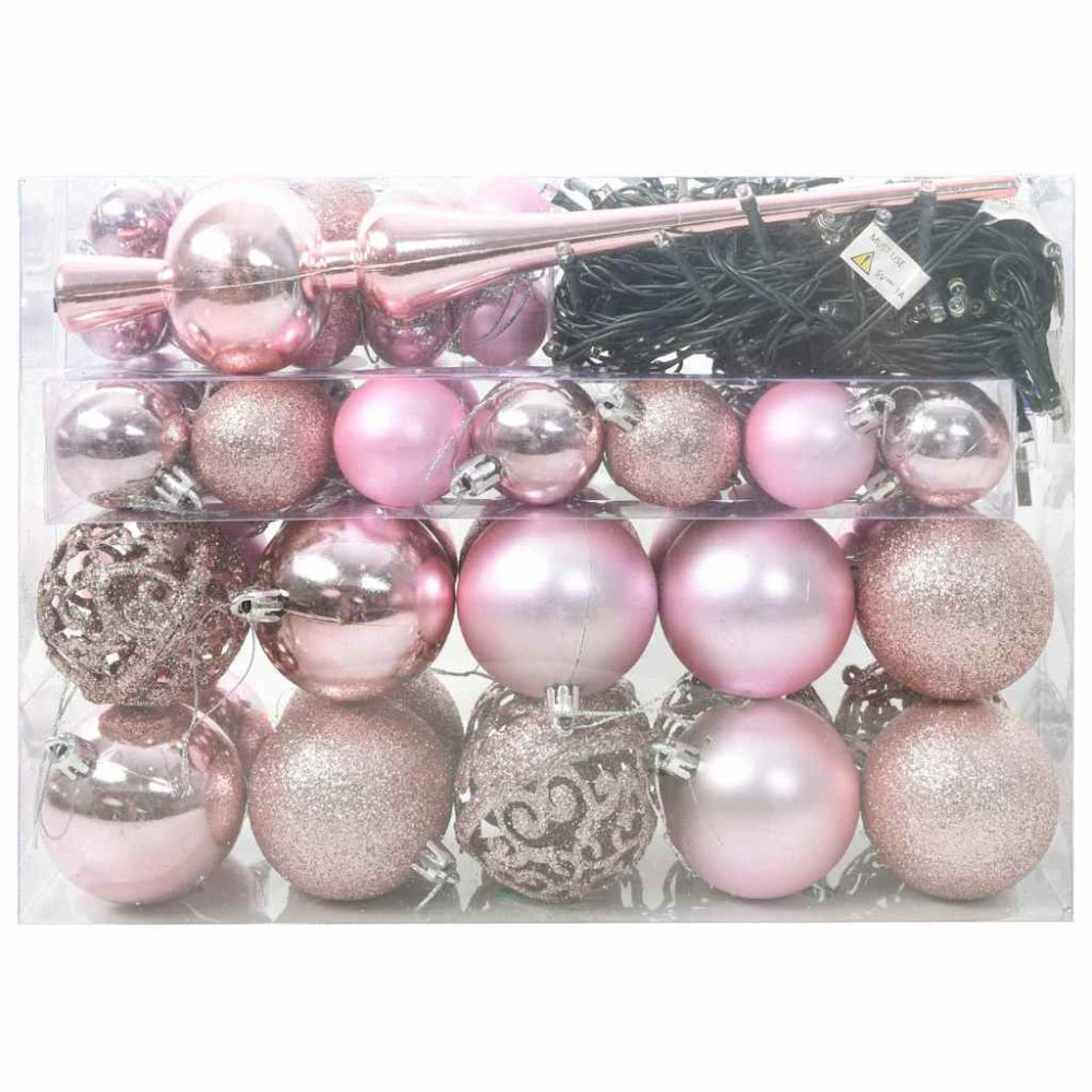 Produktbild för Julprydnad Set 61 st Rosa Ø 6 cm Plast 150 LED-lampor