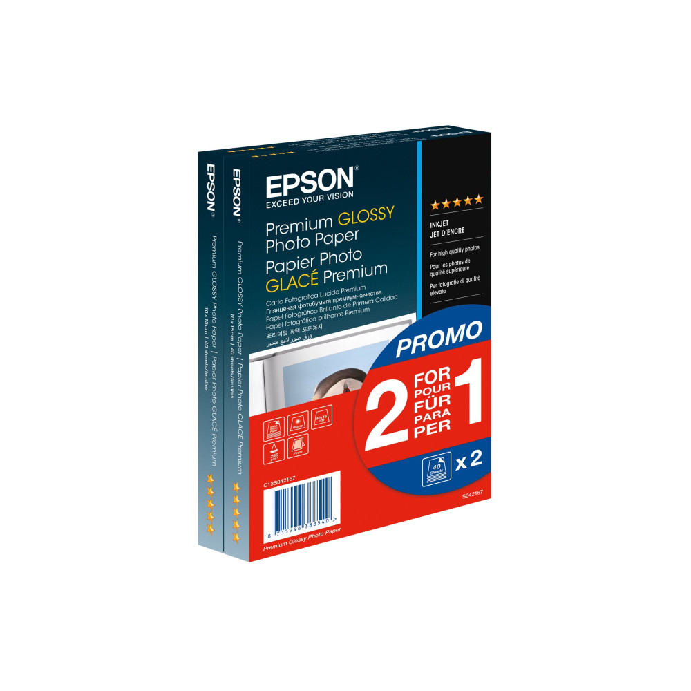 Produktbild för Epson Premium Glossy Photo Paper BOGOF - fotopapper - blank - 40 ark - 100 x 150 mm - 255 g/m² (paket om 2)