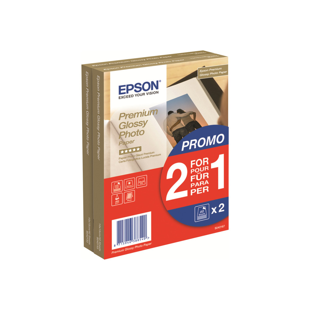 Produktbild för Epson Premium Glossy Photo Paper BOGOF - fotopapper - blank - 40 ark - 100 x 150 mm - 255 g/m² (paket om 2)