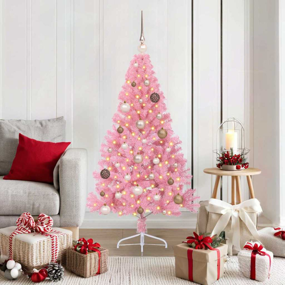 Produktbild för Konstgjord Förbelyst Julgran med 150 LED-lampor Rosa 150 cm PVC