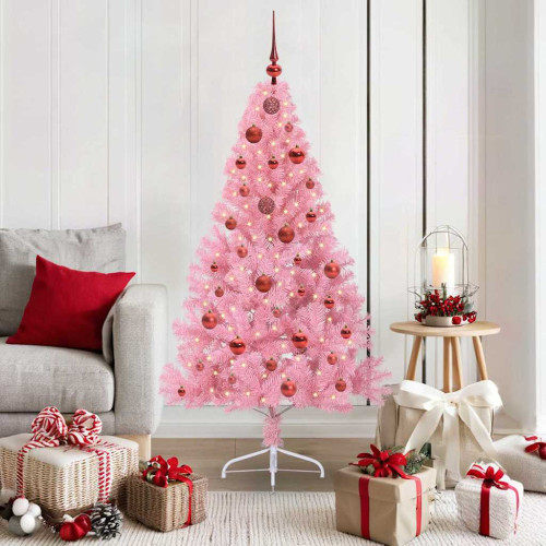 vidaXL Konstgjord Förbelyst Julgran med 150 LED-lampor Rosa 150 cm PVC