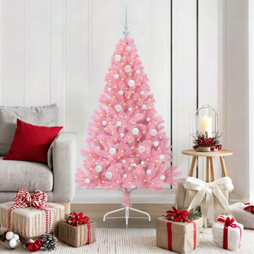 Produktbild för Konstgjord Förbelyst Julgran med 150 LED-lampor Rosa 150 cm PVC
