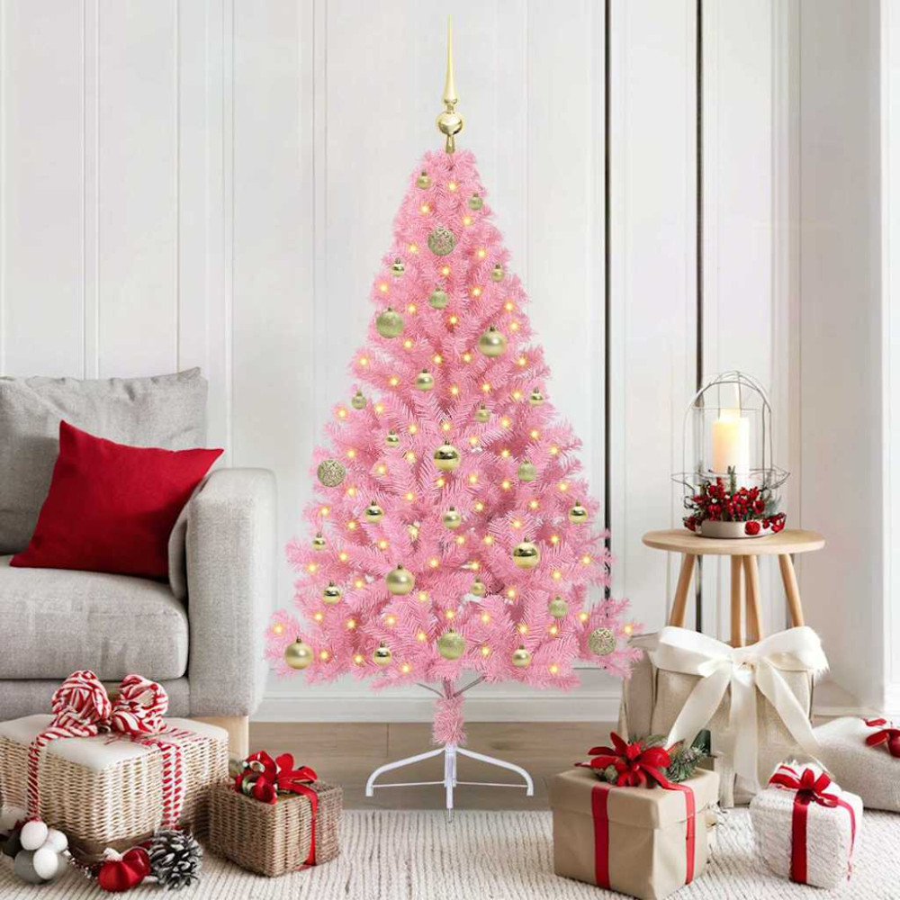 Produktbild för Konstgjord Förbelyst Julgran med 150 LED-lampor Rosa 150 cm PVC
