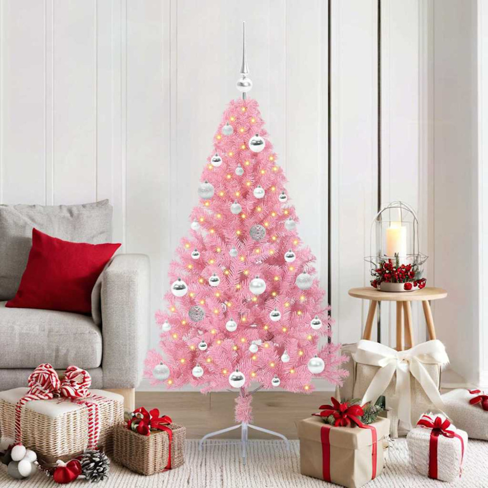 Produktbild för Konstgjord Förbelyst Julgran med 150 LED-lampor Rosa 150 cm PVC