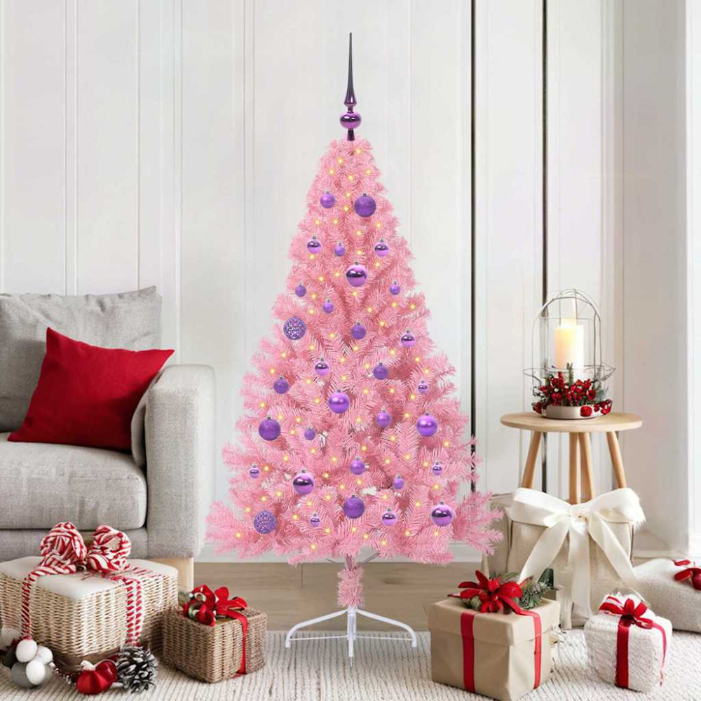 Produktbild för Konstgjord Förbelyst Julgran med 150 LED-lampor Rosa 150 cm PVC
