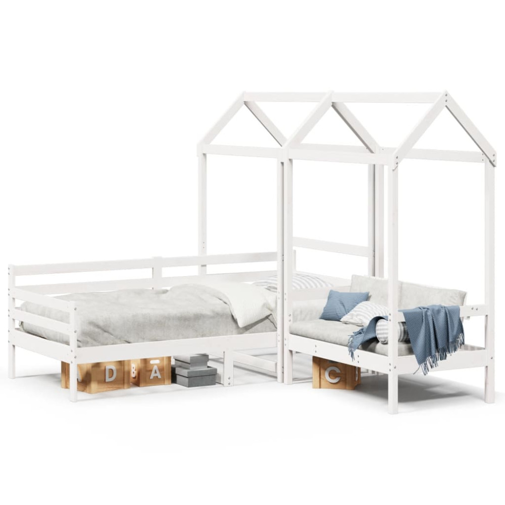 Produktbild för Dagbädd med bänk och tak vit 80x200 cm massiv furu