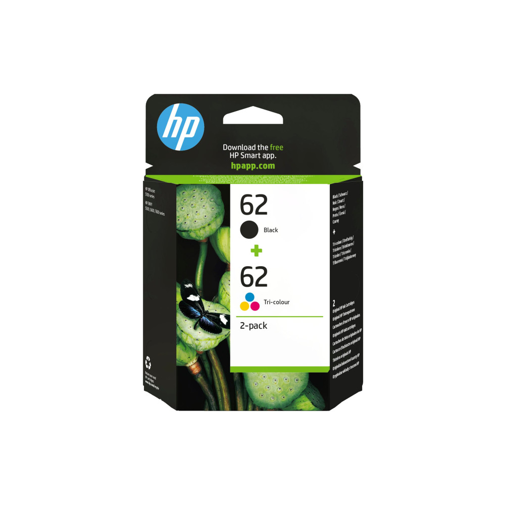 Produktbild för HP 62 - 2-pack - svartfärgad, färg (cyan, magenta, gul) - original - bläckpatron