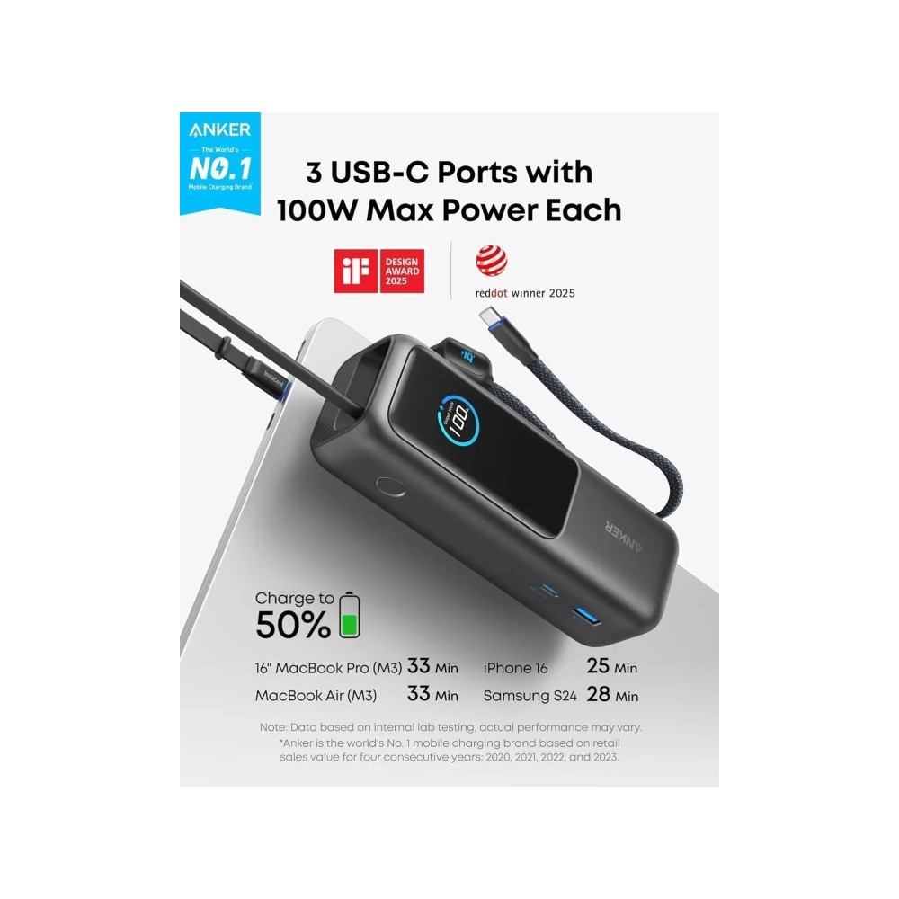 Produktbild för Anker - power bank - built-in and retractable cables - 165 Watt - 25000 mAh