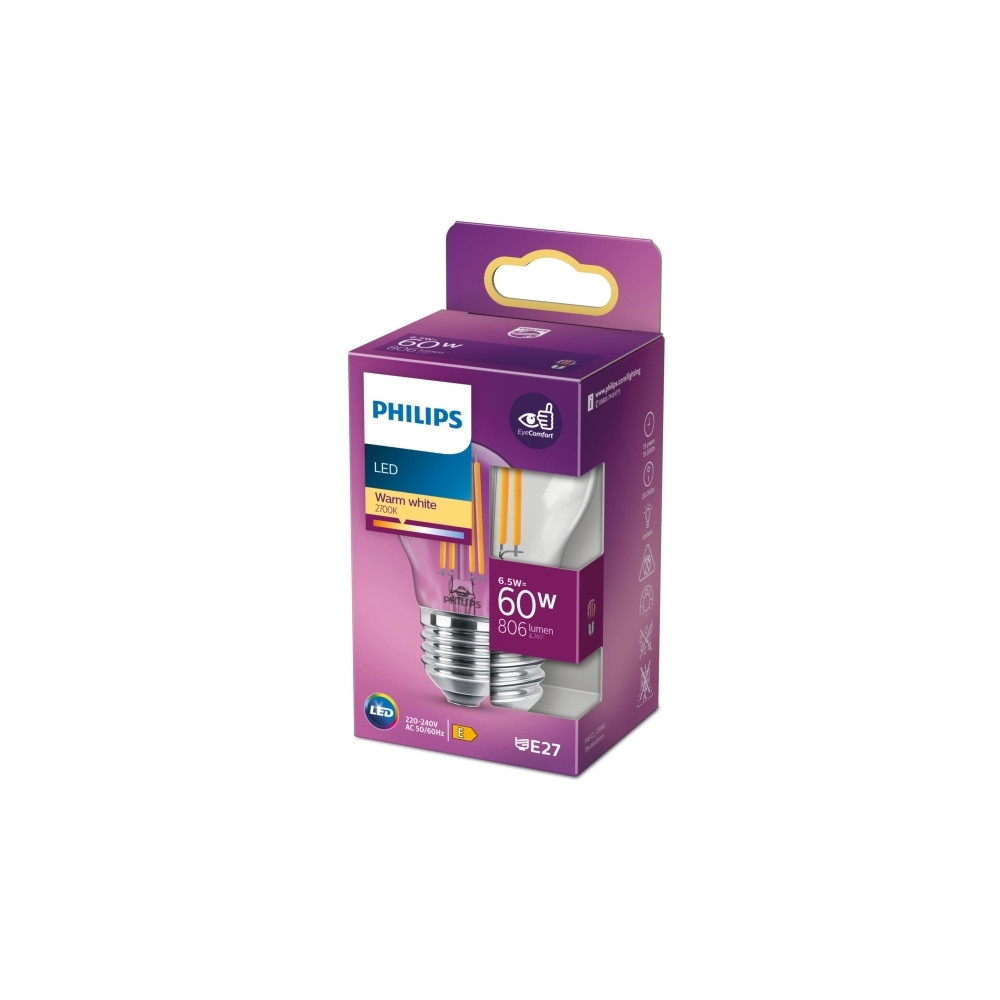 Produktbild för Philips - LED-glödlampa med filament - form: P45 - klar finish - E27 - 6.5 W - varmt vitt ljus - 2700 K