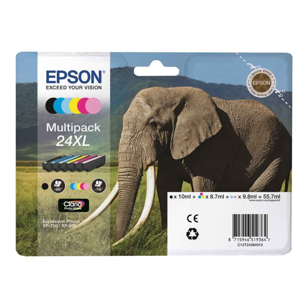 Produktbild för Epson 24 Multipack - 6-pack - svart, gul, cyan, magenta, ljus magenta, ljus cyan - original - bläckpatron