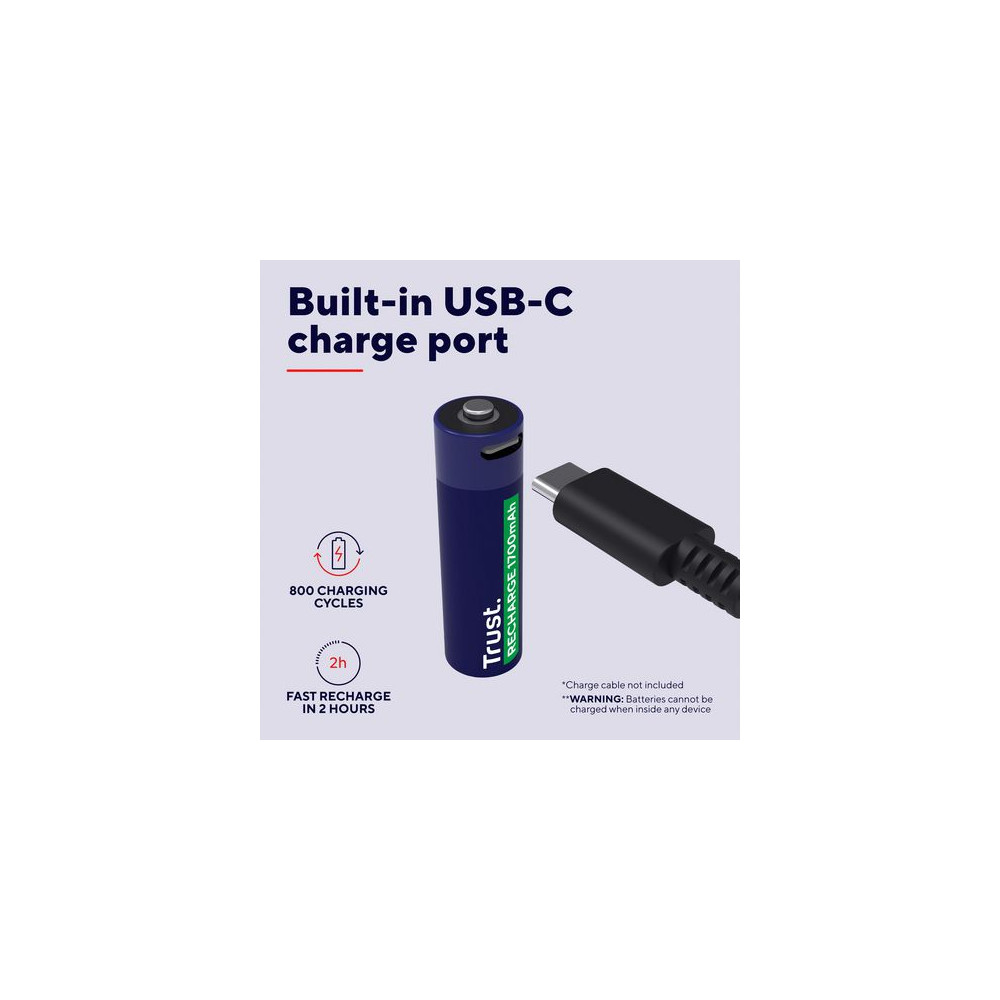 Produktbild för Batteri Laddbar TRUST AA USB-C 2/fp