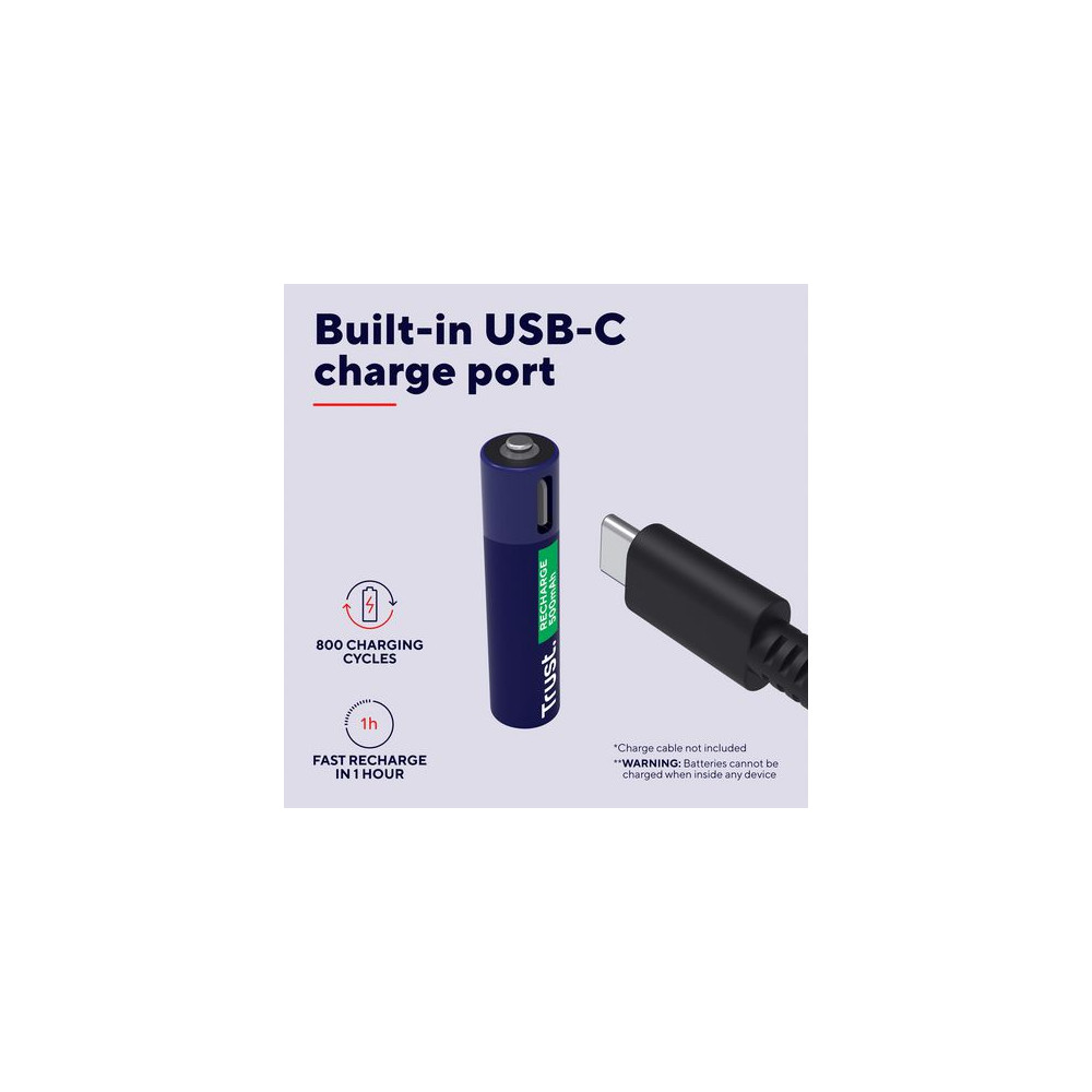 Produktbild för Batteri Laddbar TRUST AAA USB-C 2/fp