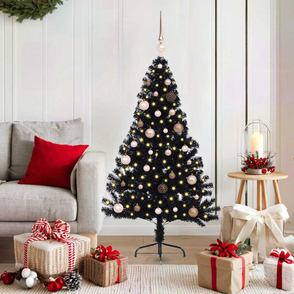 Produktbild för Konstgjord Förbelyst Julgran Svart 150 cm PVC